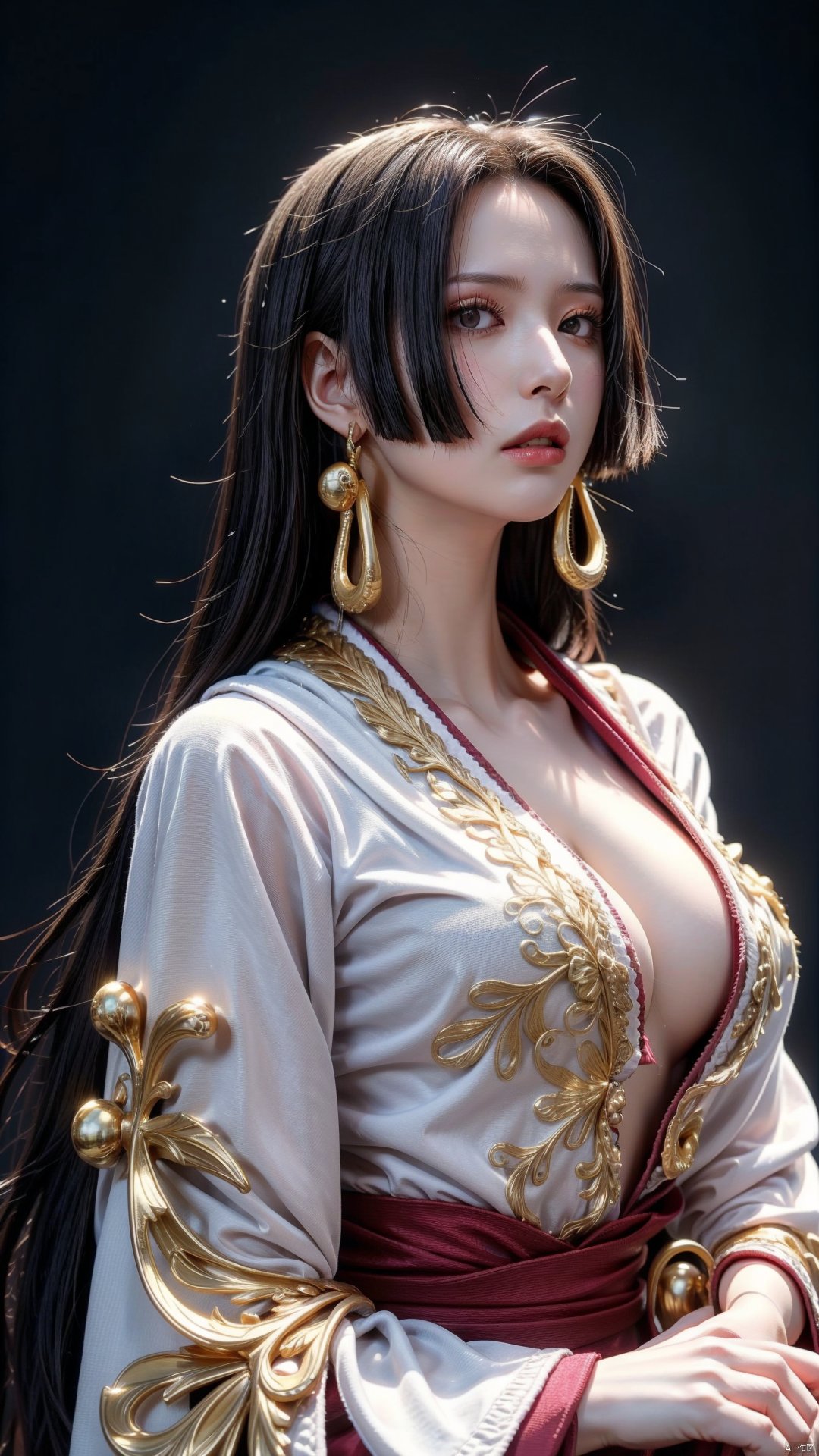 best quality,masterpiece,HDR,UHD,8K,1girl,solo,upper body,earrings,hime cut,long hair,simple_background,gradient_background,boa hancock,highly detailed,Detailed Photo,Sexy,golden ratio,(hanfu:1.3),chinese clothes