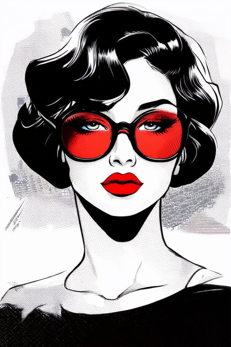 Comic Art Illustration Style,  a pop art style illustration of a woman wearing glasses, 1girl, solo, looking at viewer, short hair, blue eyes, black hair, makeup, red lips