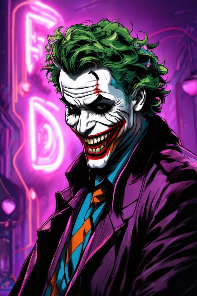 Comic Art Illustration Style,  the joker is standing in front of a neon sign, solo, smile, 1boy, male focus, green hair, clown