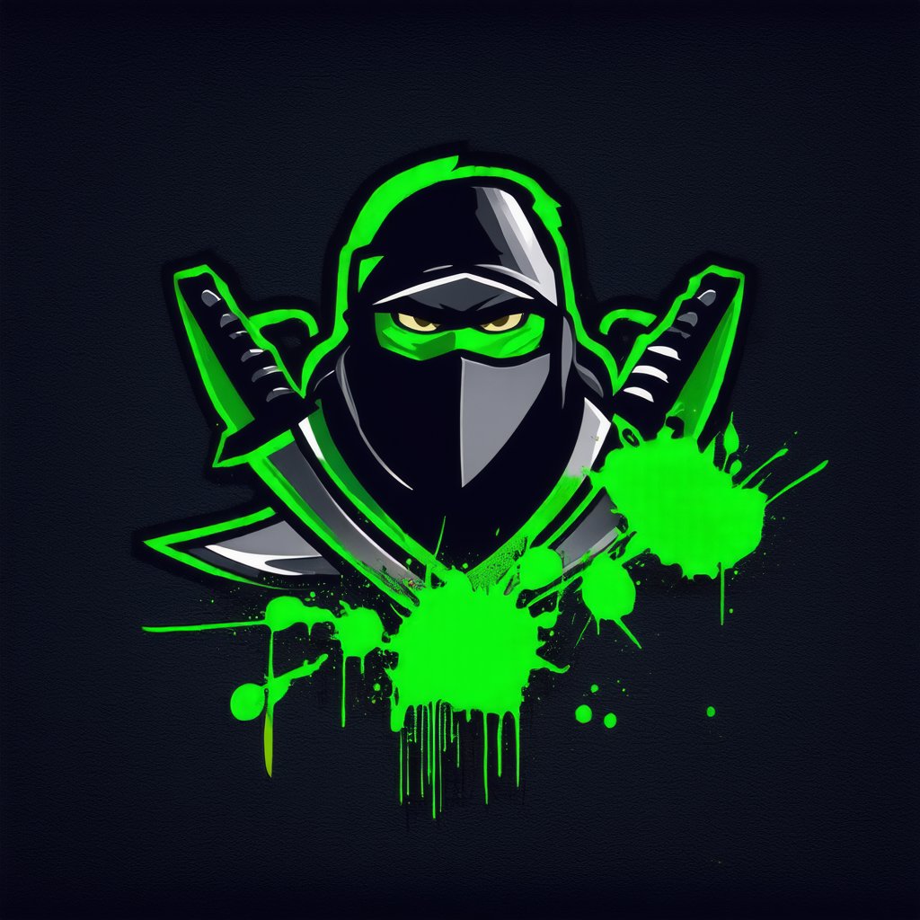 gaming logo design,  an image of a ninja with two swords and a green paint splotch on his face in front of a black background