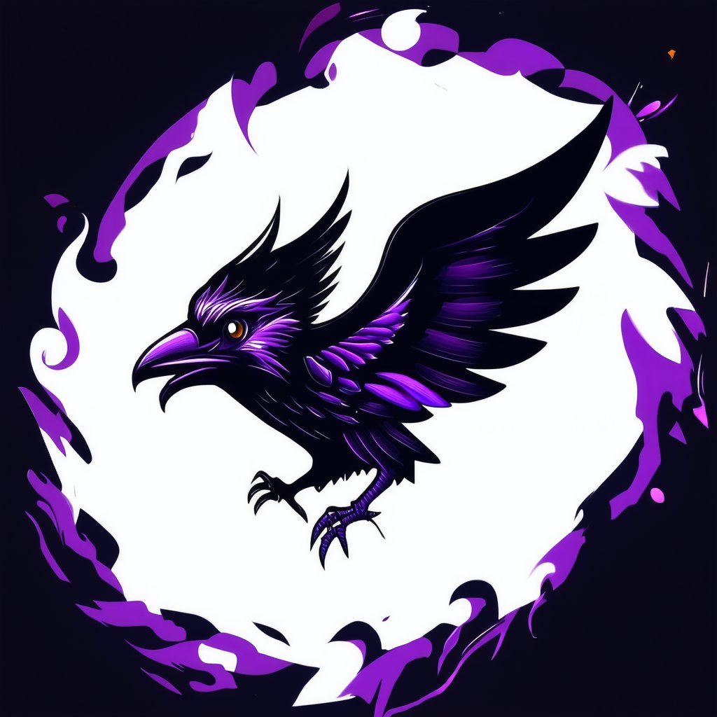 gaming logo design,  an illustration of a raven with purple wings on a white and black background