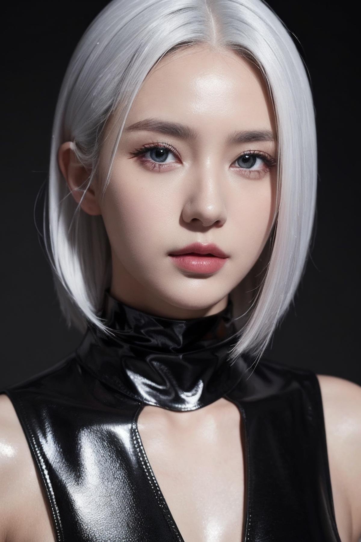 photorealistic, realistic, photography, masterpiece, best quality, 1girl, solo, POV, facing viewer, looking at viewer, shiny skin, white hair, black outfits, close up