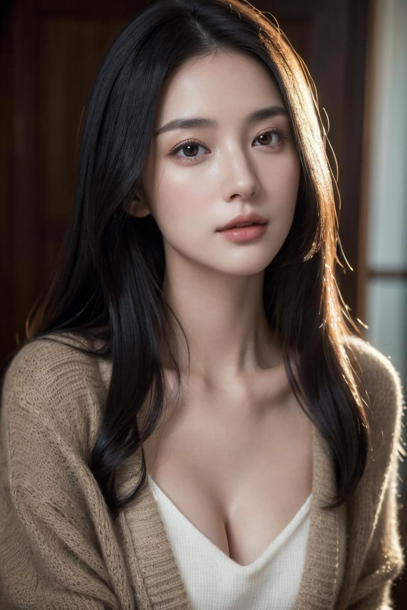 a beautiful young woman with long black hair, wearing a cozy cardigan that accentuates her collarbone, (best quality, 4k, 8k, highres, masterpiece:1.2), ultra-detailed, (realistic,photorealistic, photo-realistic:1.37), portrait, chiaroscuro lighting, warm color palette, elegant, intricate details, delicate features