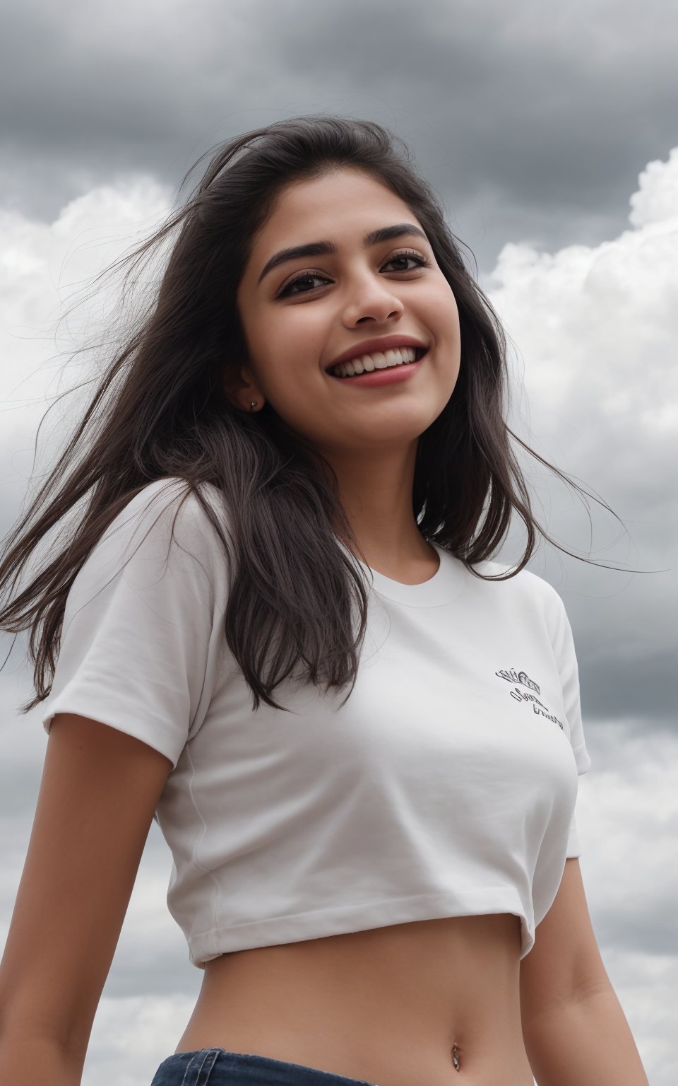 Stands on the ground with knees and hands:2, (1girl:1.2), (big smile), beautiful face, Amazing face and eyes, long silky brown hair, wearing white t shirt, navel, delicate, (Best Quality:1.4), (Ultra-detailed), (extremely detailed beautiful face), cute smile, brown eyes, (highly detailed Beautiful face), (summer high school uniform:1.2), (extremely detailed CG unified 8k wallpaper), Highly detailed, High-definition raw color photos, Professional Photography, Realistic portrait, Extremely high resolution, smiling, (Clouds all over the sky, cloudy sky, lots of clouds:1.5), (cloudy day:1.5), half figure,photorealistic,28yo