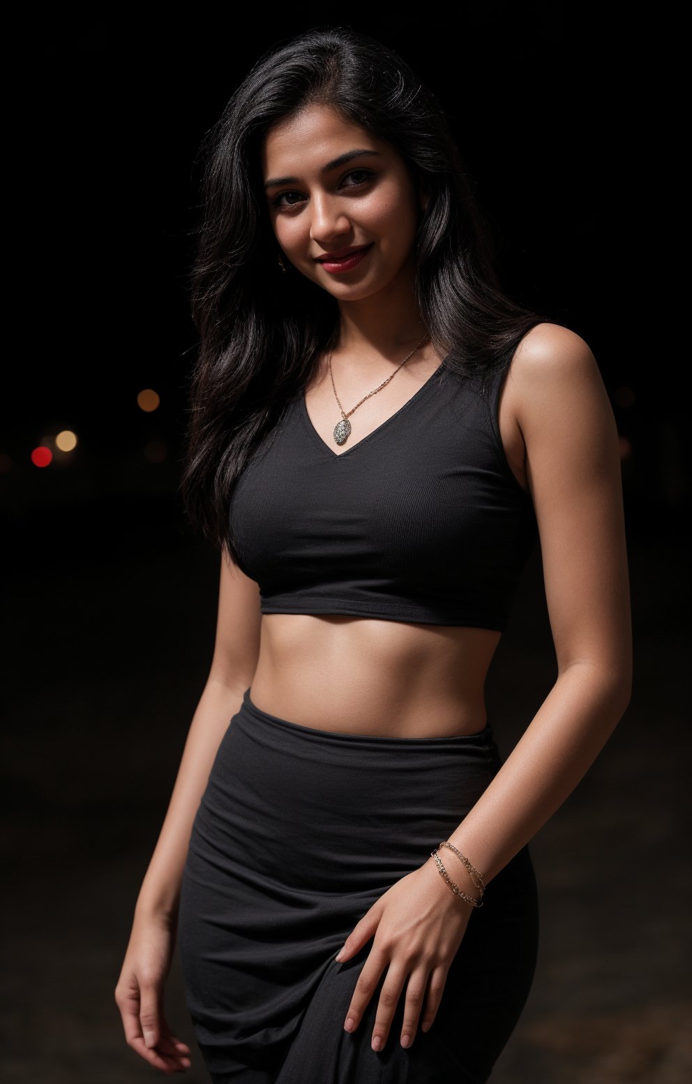 1girl, solo, long hair, looking at viewer, smile, black hair, dress, jewelry, standing, necklace, blurry, Red dress, bracelet, realistic, 25 years old, dark skin , dim light, drak atmosphere, low light , Midriff,Mallu