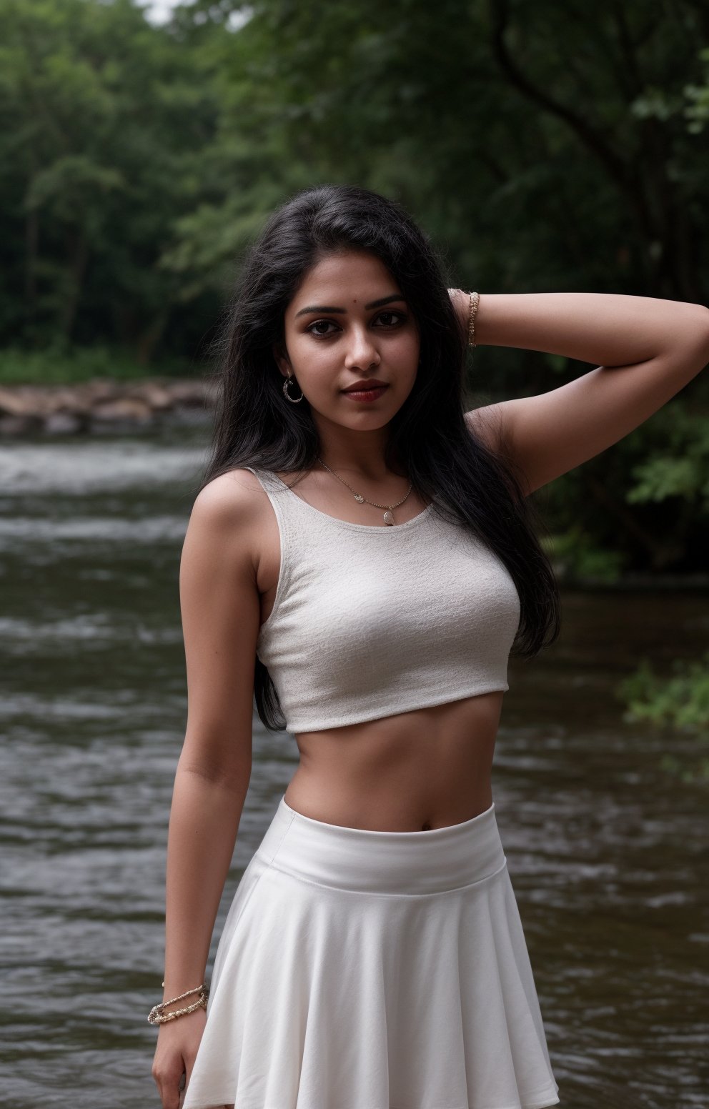 1girl, solo, long hair, skirt, shirt, black hair, jewelry, standing, full body, earrings, midriff, water, blurry, arms up, bracelet, tree, crop top, blurry background, white skirt, red shirt, long skirt, rock, photo background, Indian traditional dress 