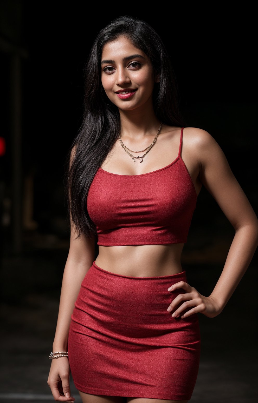 1girl, solo, long hair, looking at viewer, smile, black hair, dress, jewelry, standing, necklace, blurry, Red dress, bracelet, realistic, 25 years old, dark skin , dim light, drak atmosphere, low light , Midriff,Mallu