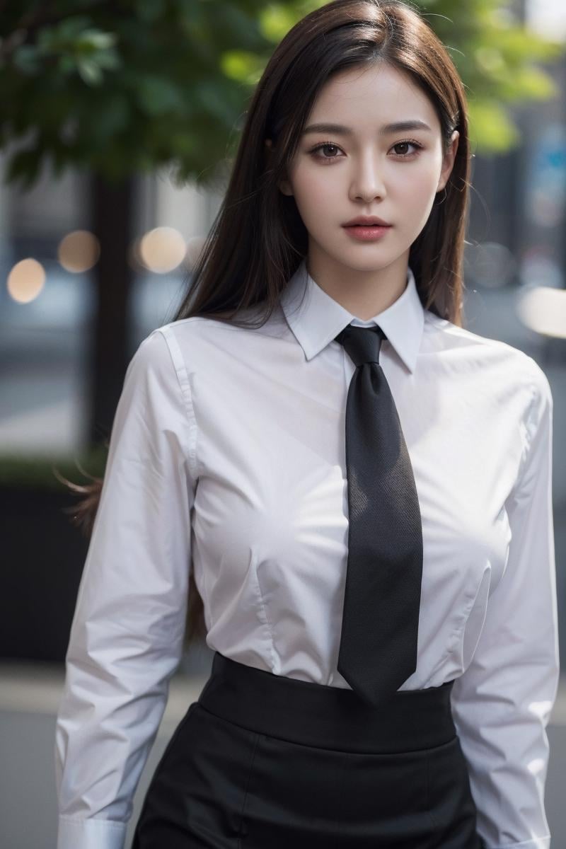 masterpiece, best quality, ultra-detailed, ultra high res, (photorealistic:1.4), (detailed skin textures), (detailed face:1.2), (portrait:1.3), bokeh, collared shirt, black necktie, black skirt, pencil skirt, 