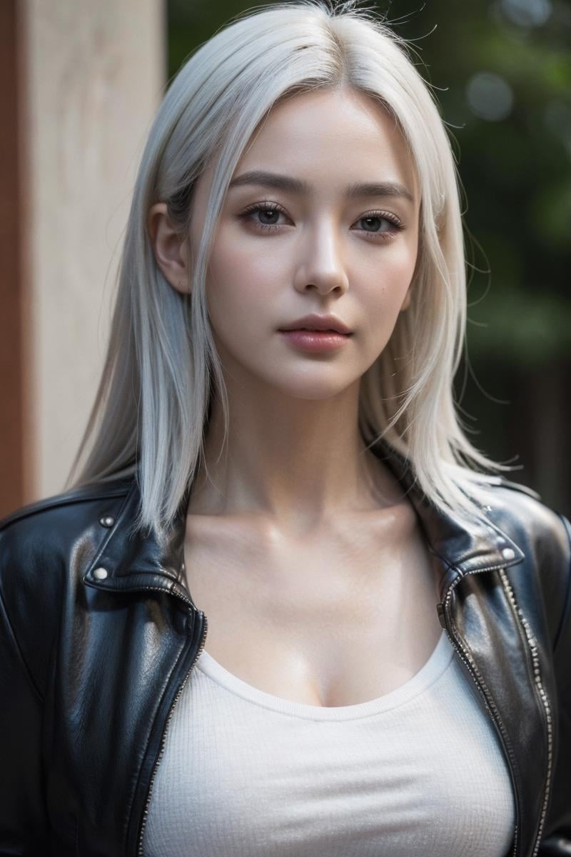 masterpiece, best quality, ultra-detailed, ultra high res, (photorealistic:1.4), (detailed skin textures), (detailed face:1.2), (portrait:1.3), bokeh, open jacket, leather jacket, white hair,