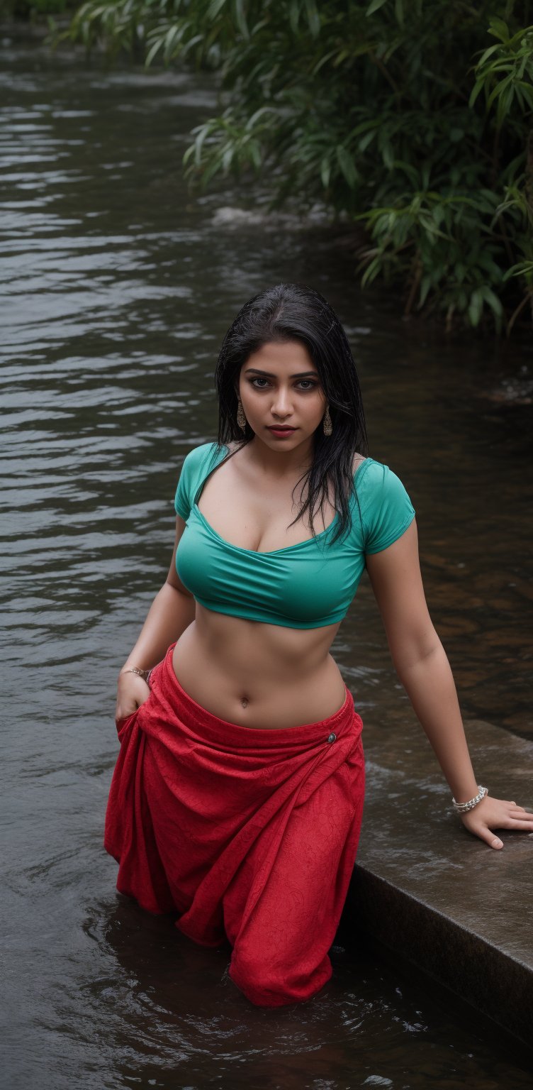 1girl, solo, long hair, skirt, shirt, black hair, jewelry, standing in pool water,, shot from above, earrings, midriff, water, blurry, sexy pose, curvy, spike_bracelets, tree, blouse,  red shirt half in  water, long skirt, rock, photo background, Indian traditional dress 