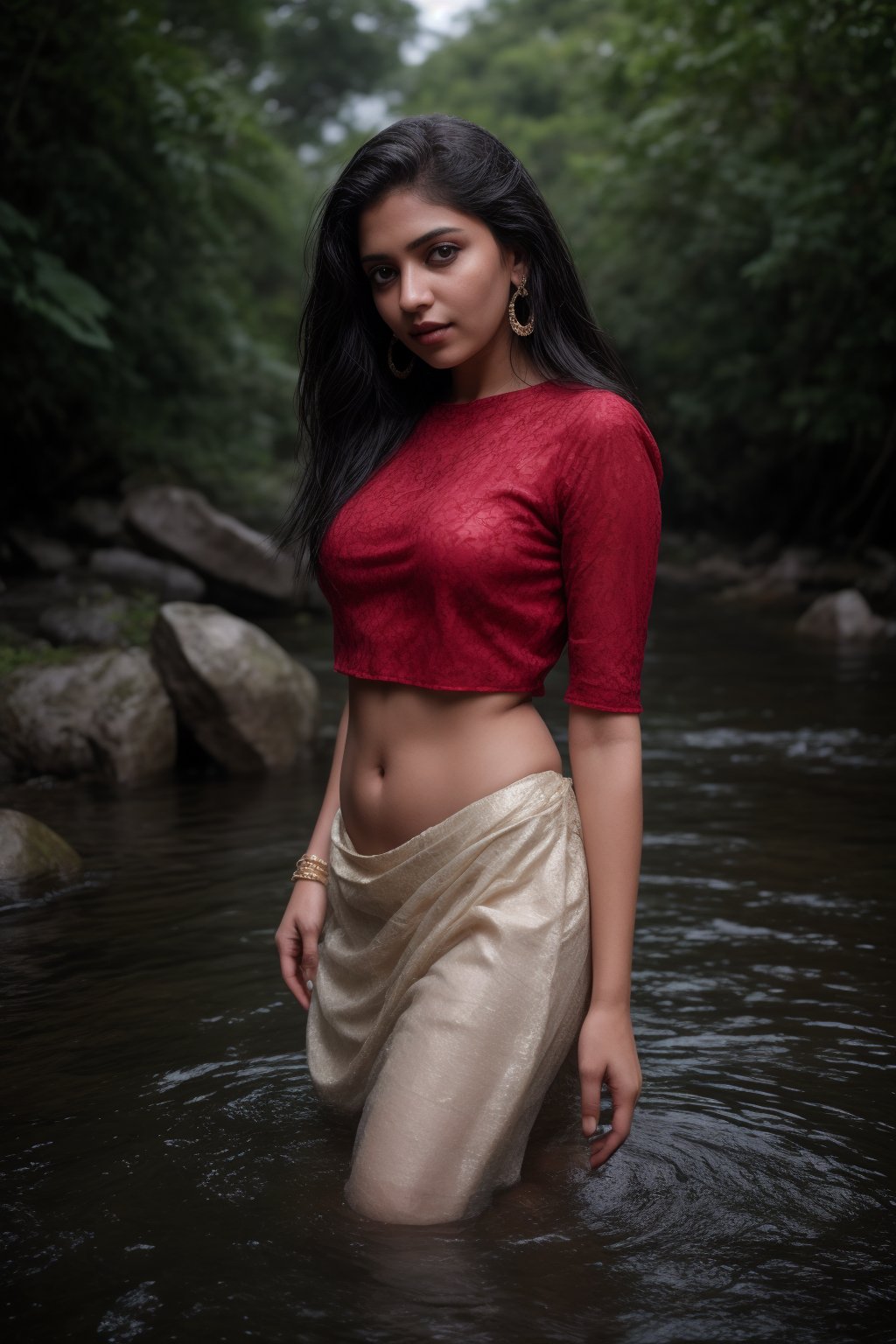 A mystical goddess of the deep, her raven tresses flowing like the currents beneath her, stands tall amidst a misty pool, shot from above. She wears a traditional Indian outfit, with a blouse and red half-shirt peeking out from the water's edge, as well as a flowy skirt and spike bracelets that glisten in the soft light. Her long hair cascades down her back like a waterfall, while her jewelry sparkles against her bronzed skin. The camera captures her curvy figure in a sultry pose, with only her earrings and midriff visible above the surface of the water. In the distance, a tree rises from the rocks, its trunk blending seamlessly into the photo's blurred background.