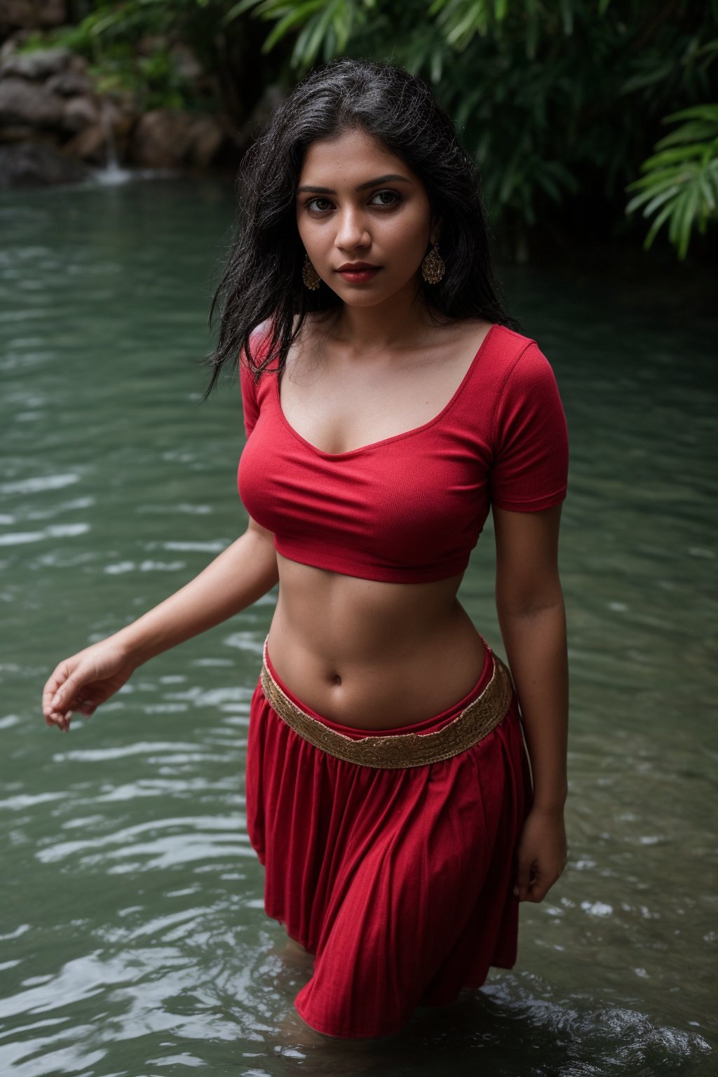 1girl, solo, long hair, skirt, shirt, black hair, jewelry, standing in pool water,, shot from above, earrings, midriff, water, blurry, sexy pose, curvy, spike_bracelets, tree, blouse,  red shirt half in  water, long skirt, rock, photo background, Indian traditional dress 