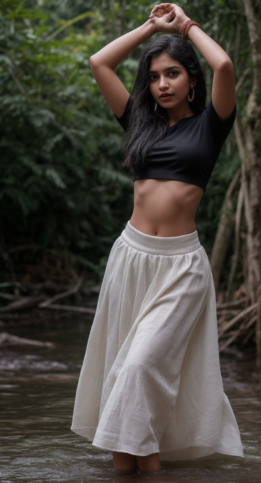 1girl, solo, long hair, skirt, shirt, black hair, jewelry, standing, full body, earrings, midriff, water, blurry, arms up, bracelet, tree, crop top, blurry background, white skirt, red shirt, long skirt, rock, photo background, Indian traditional dress 