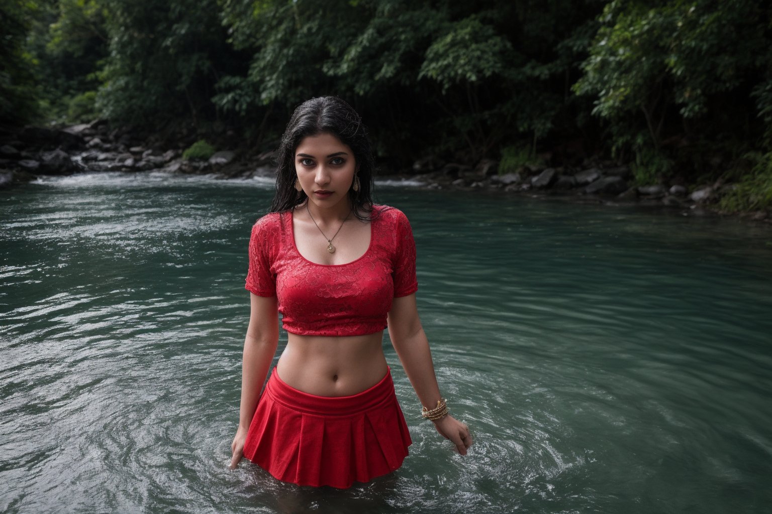 1girl, solo, long hair, skirt, shirt, black hair, jewelry, standing in pool water,, shot from above, earrings, midriff, water, blurry, sexy pose, curvy, spike_bracelets, tree, blouse,  red shirt half in  water, long skirt, rock, photo background, Indian traditional dress 