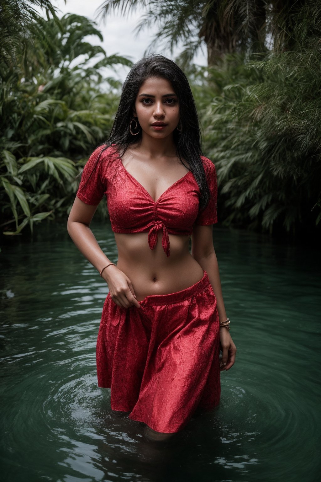 1girl, solo, long hair, skirt, shirt, black hair, jewelry, standing in pool water, earrings, midriff, water, blurry, sexy pose, curvy, spike_bracelets, tree, blouse,  red shirt half under water, long skirt, rock, photo background, Indian traditional dress 