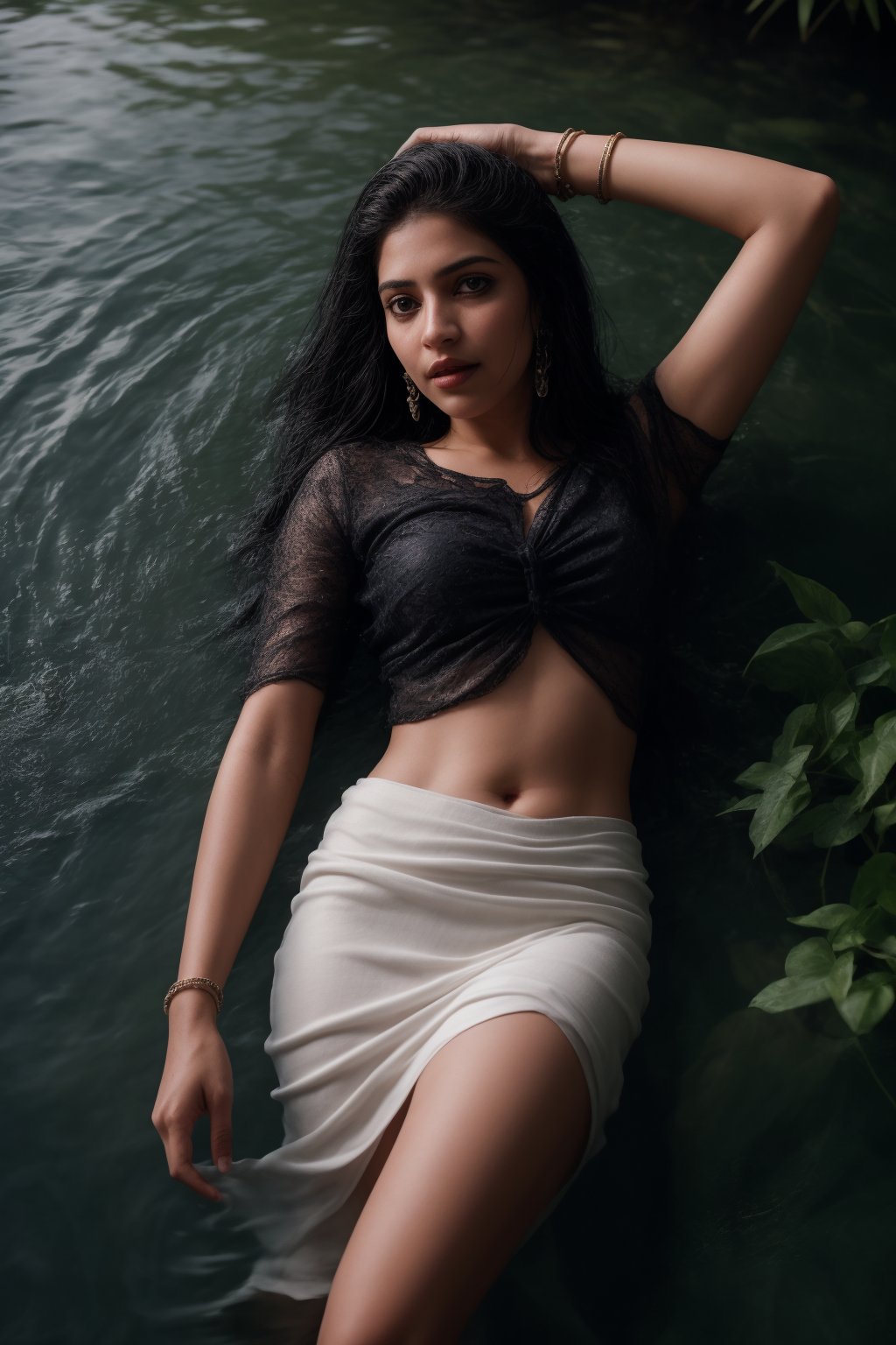 A goddess of water emerges from the depths, her long black hair cascading like night's veil. She wears a mesmerizing red blouse half-submerged in the pool's calm waters, paired with a flowing white skirt that ripples like the surrounding foliage. Her skin glistens as she strikes a sultry pose, her midriff exposed and spike bracelets glinting in the soft light. The camera captures her from above, with the tree's branches forming a natural frame. Blurry water effects add to the dreamy ambiance, as earrings shine like tiny stars amidst the mystery of her solo performance.