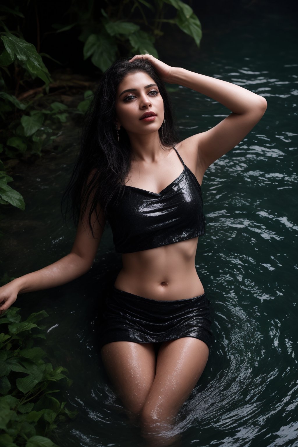 A goddess of water emerges from the depths, her long black hair cascading like night's veil. She wears a mesmerizing red blouse half-submerged in the pool's calm waters, paired with a flowing white skirt that ripples like the surrounding foliage. Her skin glistens as she strikes a sultry pose, her midriff exposed and spike bracelets glinting in the soft light. The camera captures her from above, with the tree's branches forming a natural frame. Blurry water effects add to the dreamy ambiance, as earrings shine like tiny stars amidst the mystery of her solo performance.