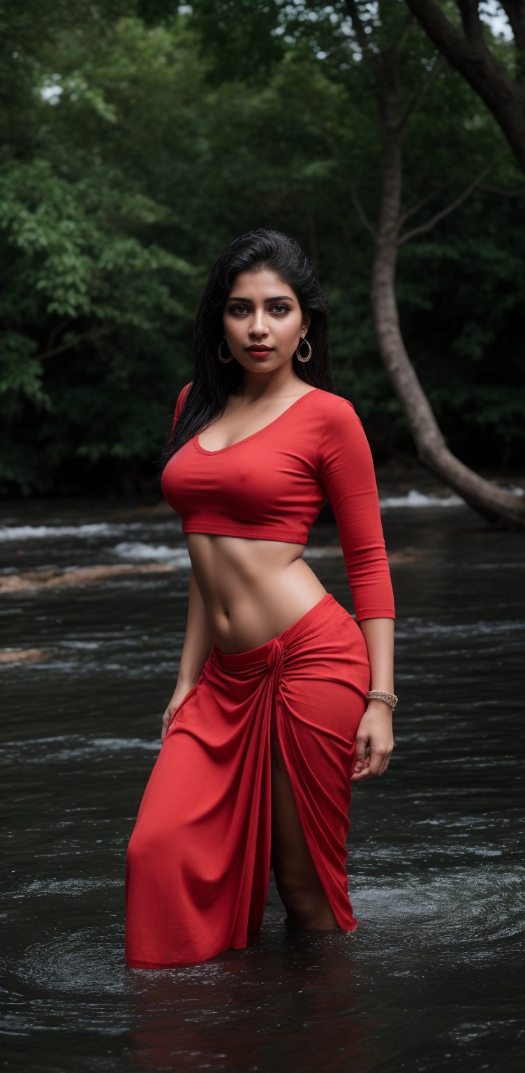 1girl, solo, long hair, skirt, shirt, black hair, jewelry, standing in pool water,, shot from above, earrings, midriff, water, blurry, sexy pose, curvy, spike_bracelets, tree, blouse,  red shirt half in  water, long skirt, rock, photo background, Indian traditional dress 