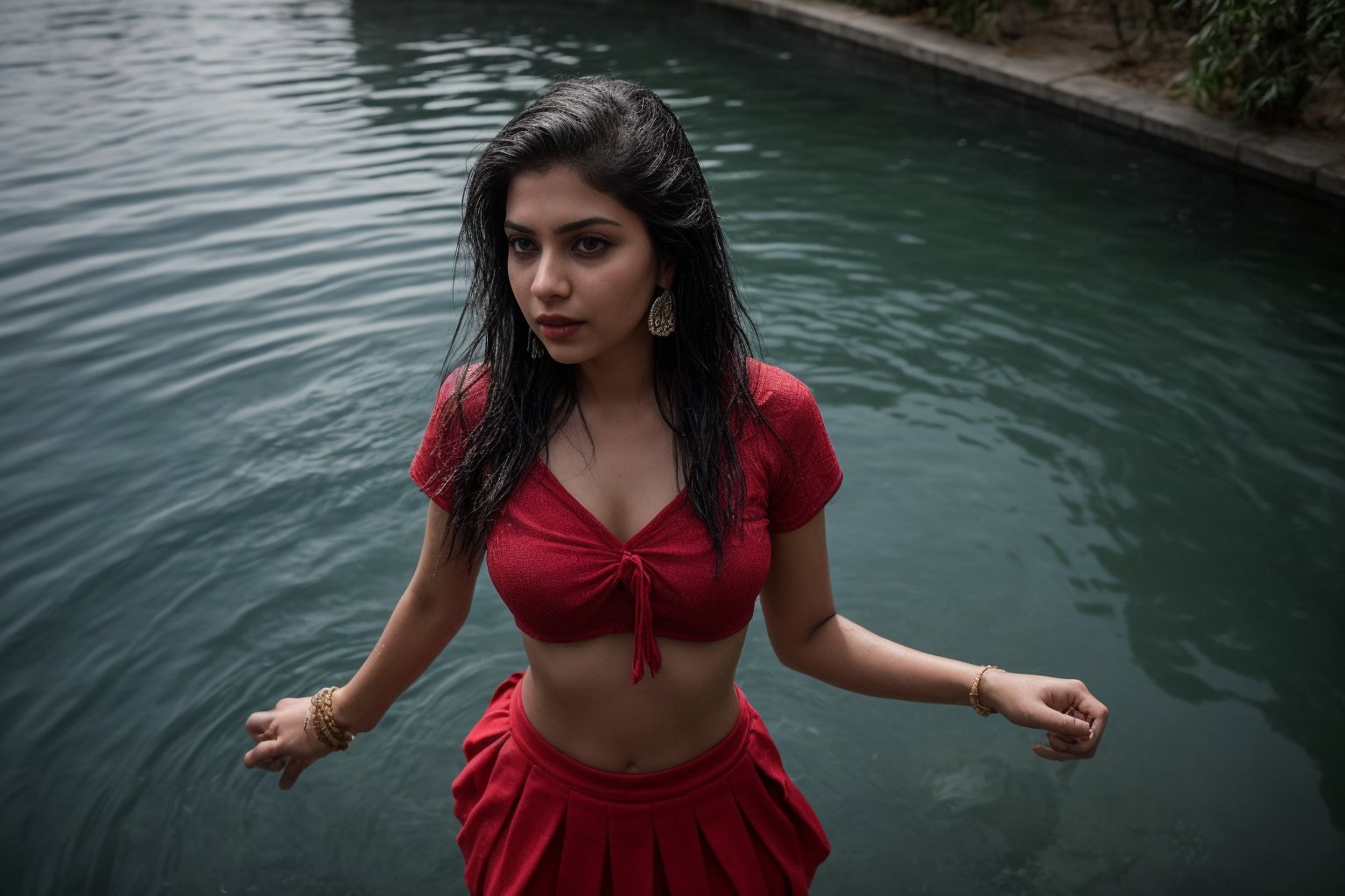 1girl, solo, long hair, skirt, shirt, black hair, jewelry, standing in pool water,, shot from above, earrings, midriff, water, blurry, sexy pose, curvy, spike_bracelets, tree, blouse,  red shirt half in  water, long skirt, rock, photo background, Indian traditional dress 