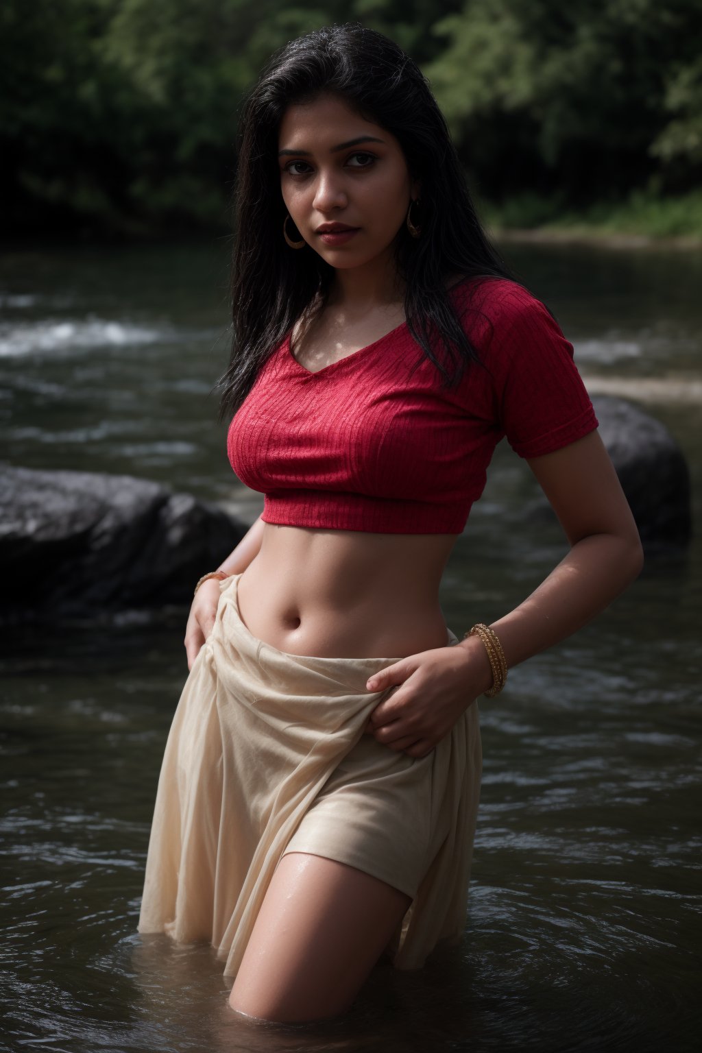 A goddess of water, mystery, masterpiece, solo, long hair, skirt, shirt, black hair, jewelry, standing in pool water,, shot from above, earrings, midriff, water, blurry, sexy pose, curvy, spike_bracelets, tree, blouse,  red shirt half in  water, long skirt, rock, photo background, Indian traditional dress 