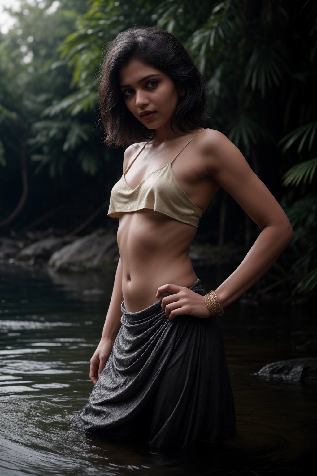 A sultry goddess of water stands solo amidst a serene pool's gentle ripples. Her dark locks cascade down her back, adorned with sparkling jewelry and spiky bracelets that glisten in the soft light. The red blouse half-submerged in the water creates a striking contrast against the long, flowing skirt. Her curvy figure is showcased in a sensual pose, as if emerging from the misty veil of water. In the background, a majestic tree rises, its branches blurred by the haze. The overall atmosphere exudes mystery and allure, inviting viewers to step into her mystical world.