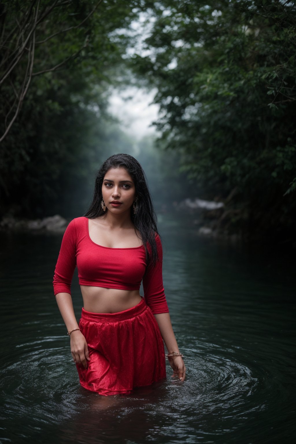 1girl, solo, long hair, skirt, shirt, black hair, jewelry, standing in pool water, earrings, midriff, water, blurry, sexy pose, curvy, spike_bracelets, tree, blouse,  red shirt half under water, long skirt, rock, photo background, Indian traditional dress 