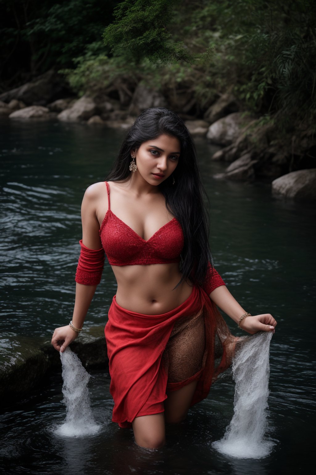 A mystical goddess of the deep, her raven tresses flowing like the currents beneath her, stands tall amidst a misty pool, shot from above. She wears a traditional Indian outfit, with a blouse and red half-shirt peeking out from the water's edge, as well as a flowy skirt and spike bracelets that glisten in the soft light. Her long hair cascades down her back like a waterfall, while her jewelry sparkles against her bronzed skin. The camera captures her curvy figure in a sultry pose, with only her earrings and midriff visible above the surface of the water. In the distance, a tree rises from the rocks, its trunk blending seamlessly into the photo's blurred background.