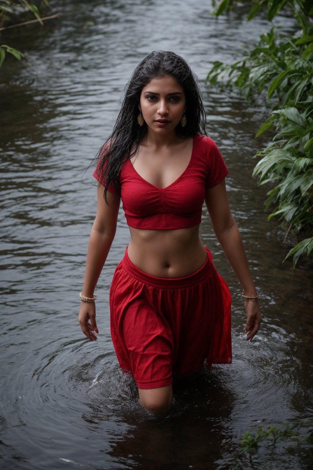 1girl, solo, long hair, skirt, shirt, black hair, jewelry, standing in pool water,, shot from above, earrings, midriff, water, blurry, sexy pose, curvy, spike_bracelets, tree, blouse,  red shirt half in  water, long skirt, rock, photo background, Indian traditional dress 