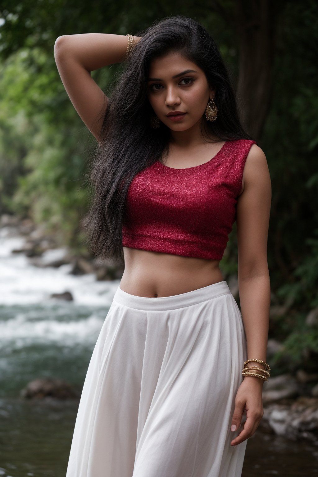 1girl, solo, long hair, skirt, shirt, black hair, jewelry, standing, full body, earrings, midriff, water, blurry, arms up, bracelet, tree, crop top, blurry background, white skirt, red shirt, long skirt, rock, photo background, Indian traditional dress 