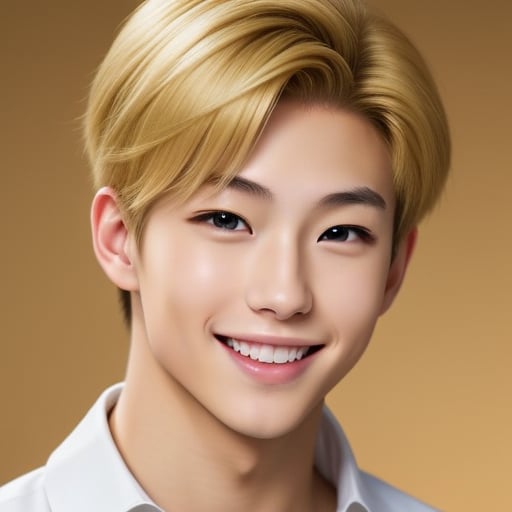 ikemen_heihei, solo, looking at viewer, smile, blonde hair, 1boy, male focus, black eyes, lips, portrait, realistic, nice photo, masterpiece, simple background, bright, face of ikemen_heihei,