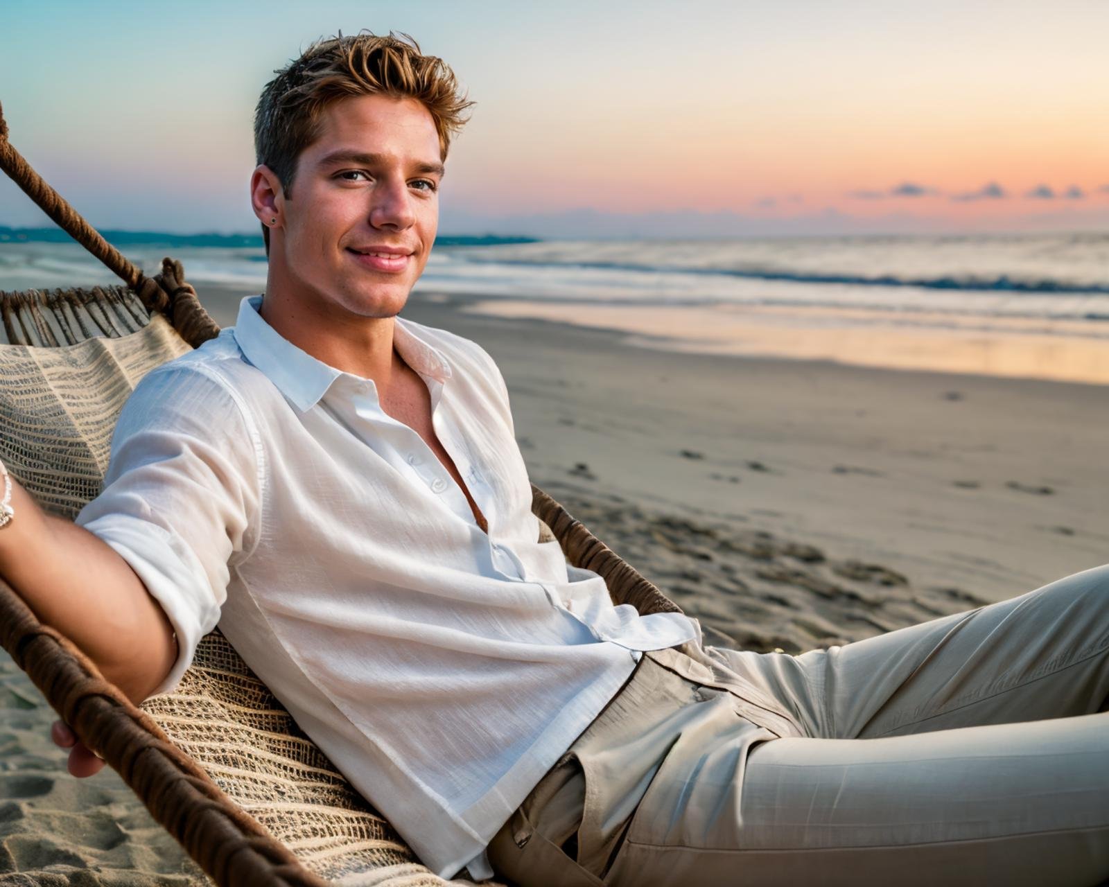 High resolution photo of rmartin <lora:rmartin-v1:0.8>, young man, highly detailed, side view, looking at the sunset, laying on a hammock