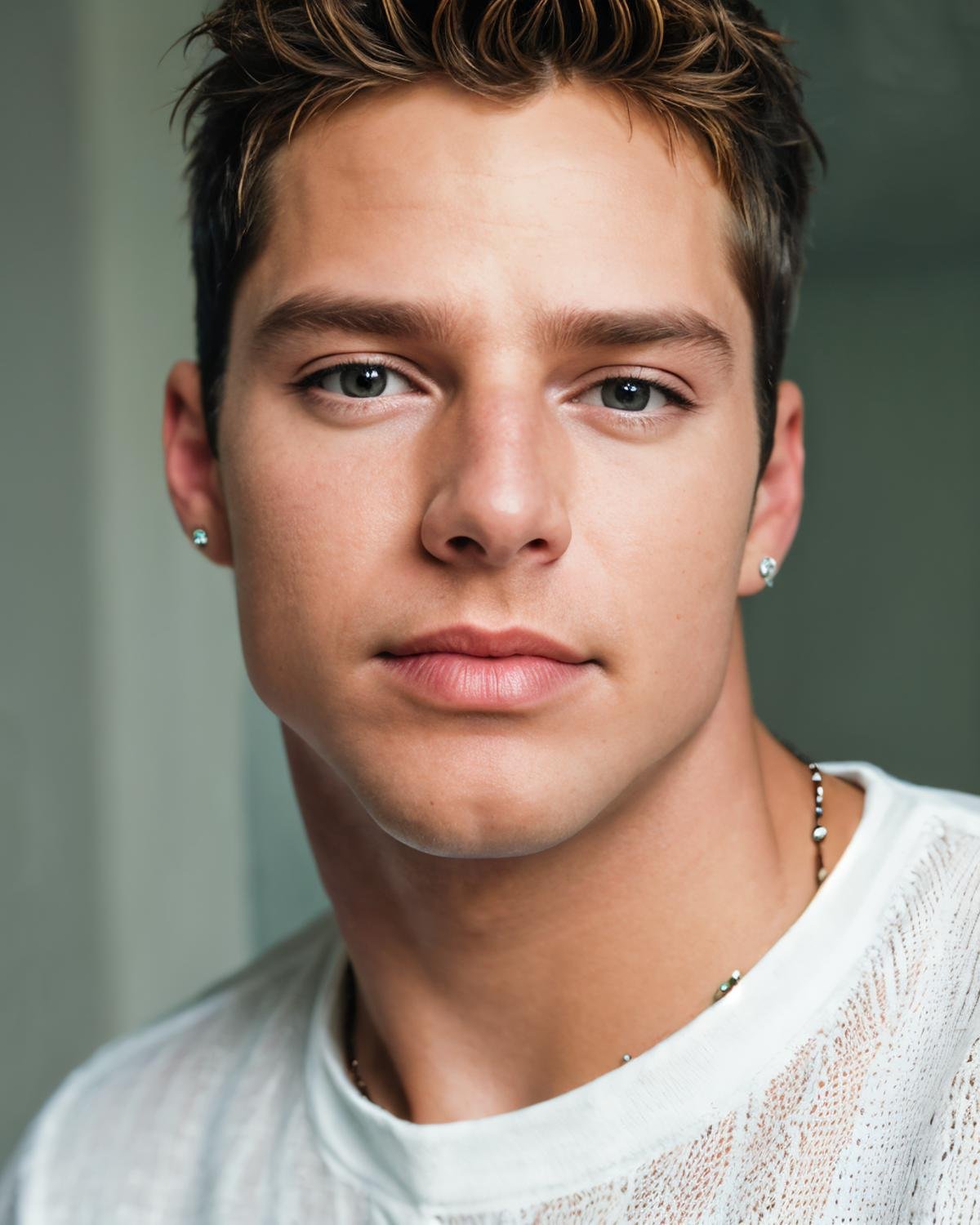 High resolution photo of rmartin  <lora:rmartin-v1:1>, young man, highly detailed,   (face close up), white shirt