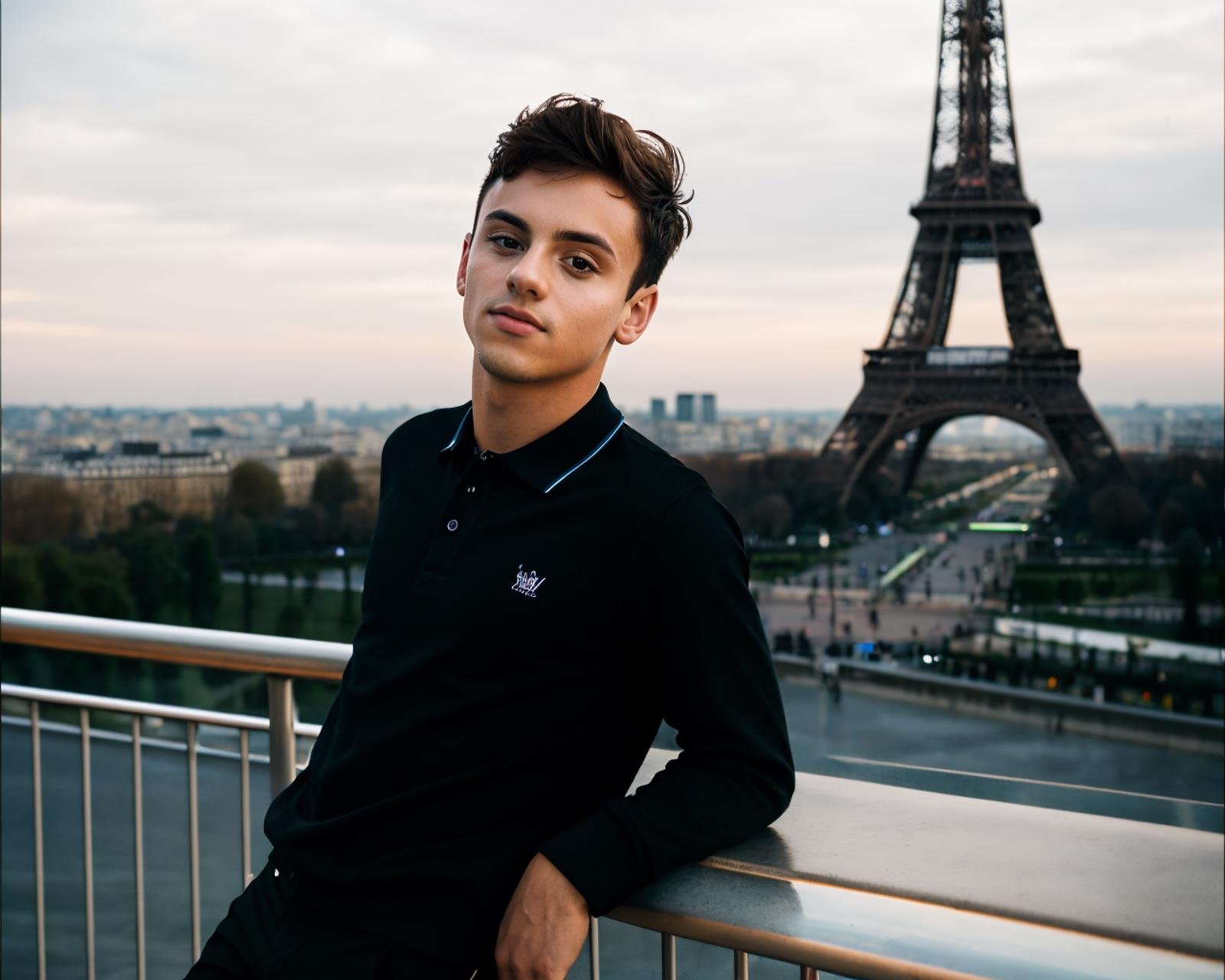 A  photograph of tdaley <lora:tdaley-v1:0.8>, black shirt, sit on balcony, eiffel tower in background