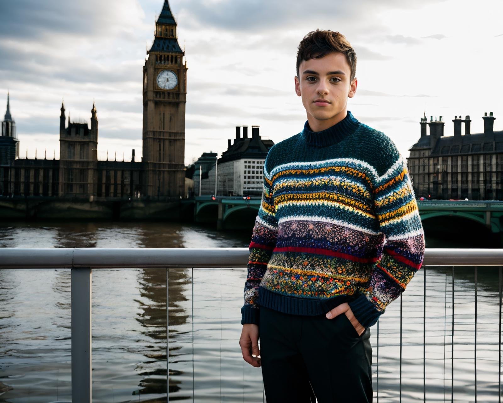 A  photograph of tdaley <lora:tdaley-v1:0.8>, colorful sweater, stand on bridge, big ben in background