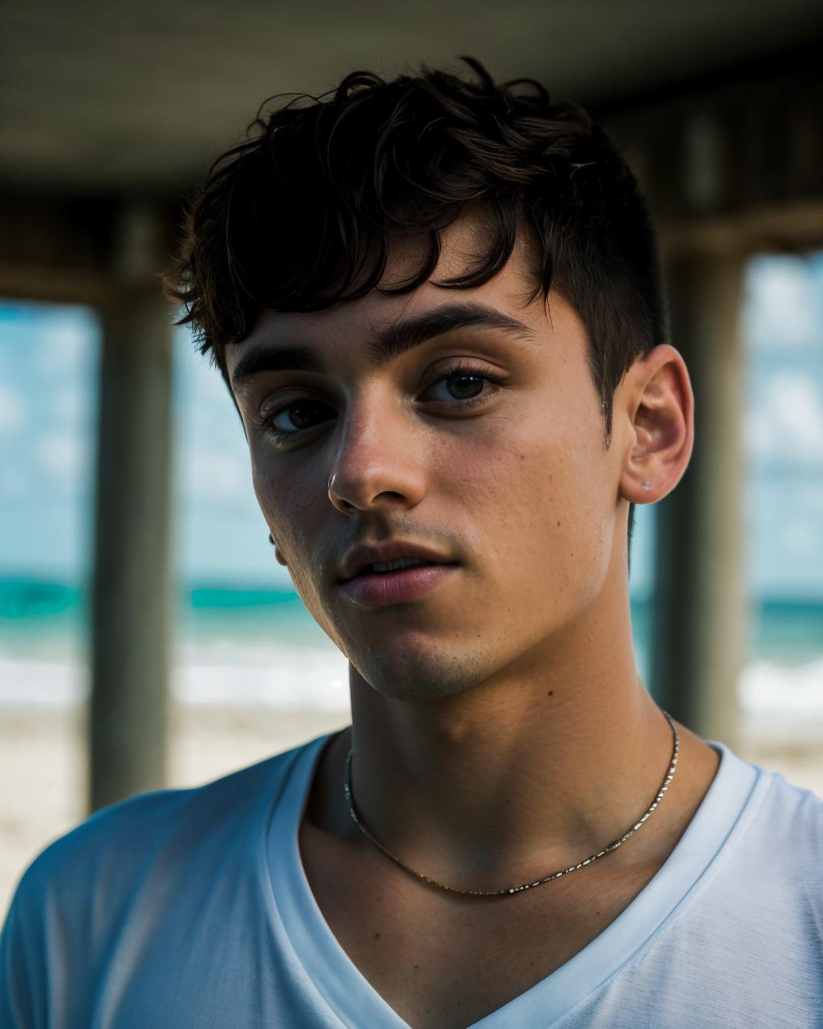 A  photograph of tdaley <lora:tdaley-v1:0.8>, white shirt, standing at beach 