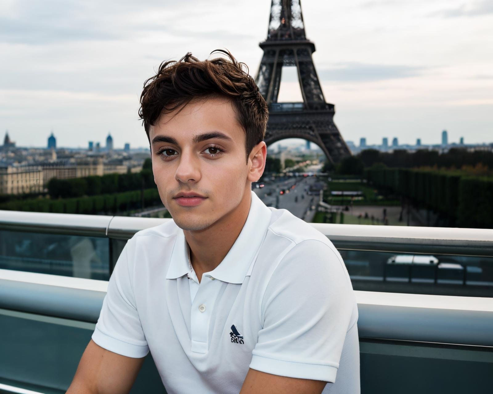 A  photograph of tdaley <lora:tdaley-v1:0.8>, white shirt, sit on balcony, eiffel tower in background