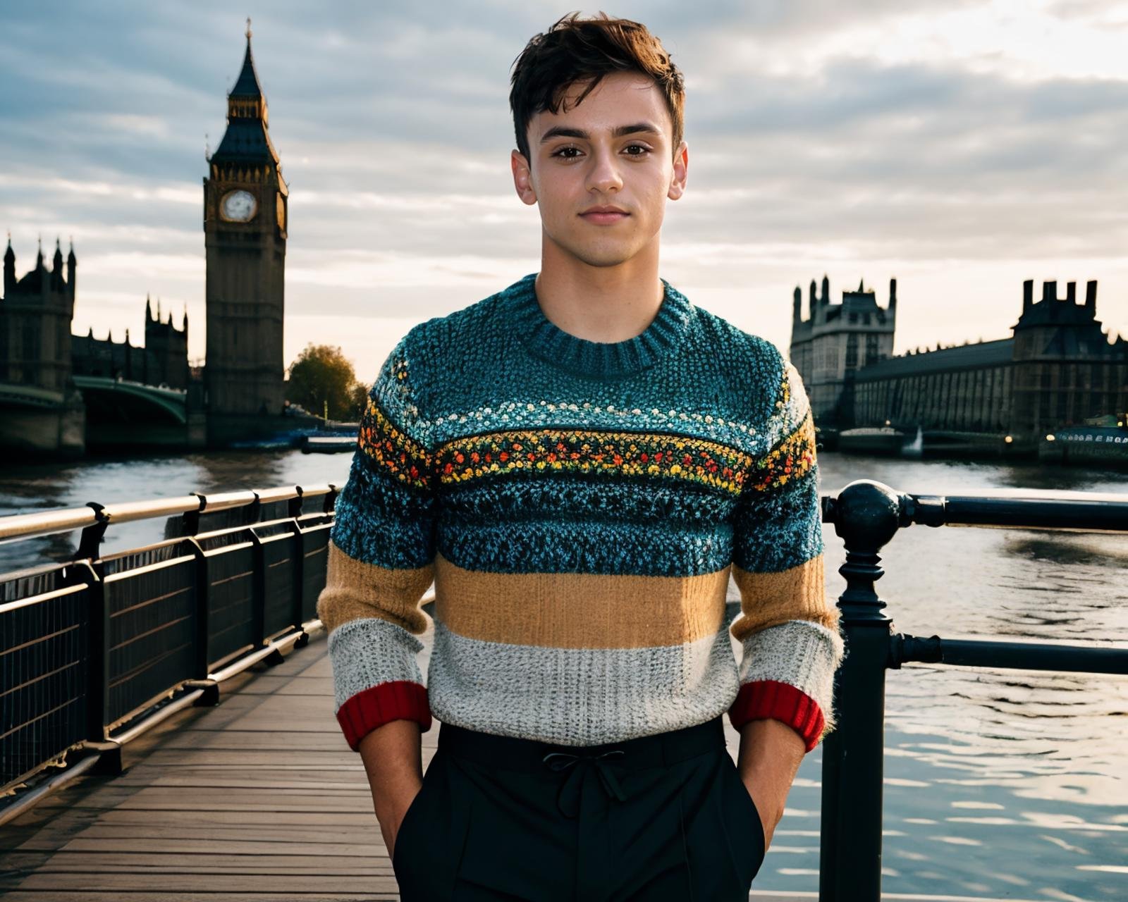 A  photograph of tdaley <lora:tdaley-v1:0.8>, colorful sweater, stand on bridge, big ben in background