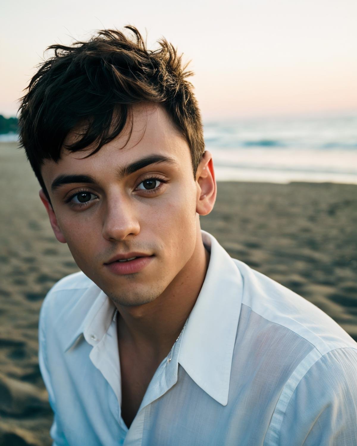 A  photograph of tdaley <lora:tdaley-v1:0.8>, white shirt, standing at beach