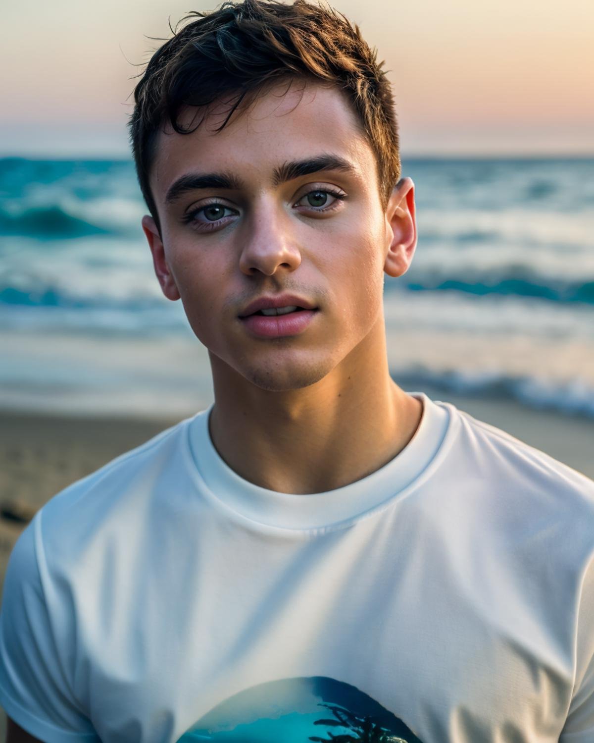 A  photograph of tdaley <lora:tdaley-v1:0.8>, white shirt, standing at beach 