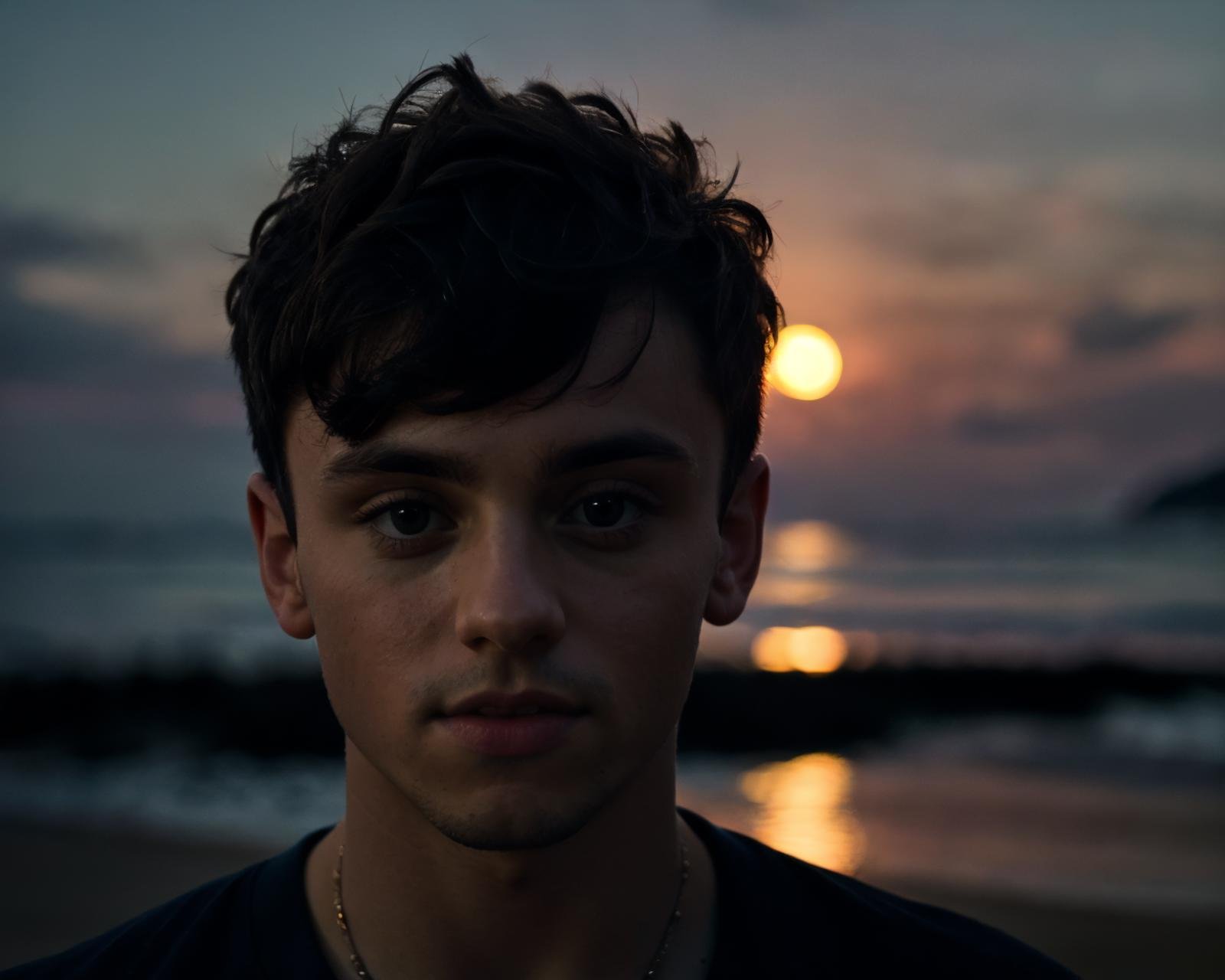 A  photograph of tdaley <lora:tdaley-v1:0.8>, white shirt, standing at beach, night time, moon, dark blue sky