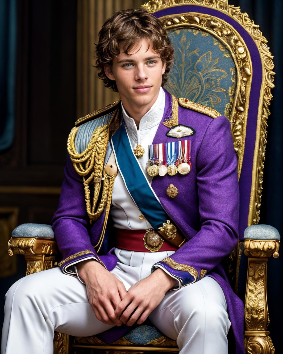 A  raw editorial photograph of jmarsden <lora:jmarsden-v1:0.8>,  blue jacket, royal prince outfit, white pants, sit on throne, royal hall