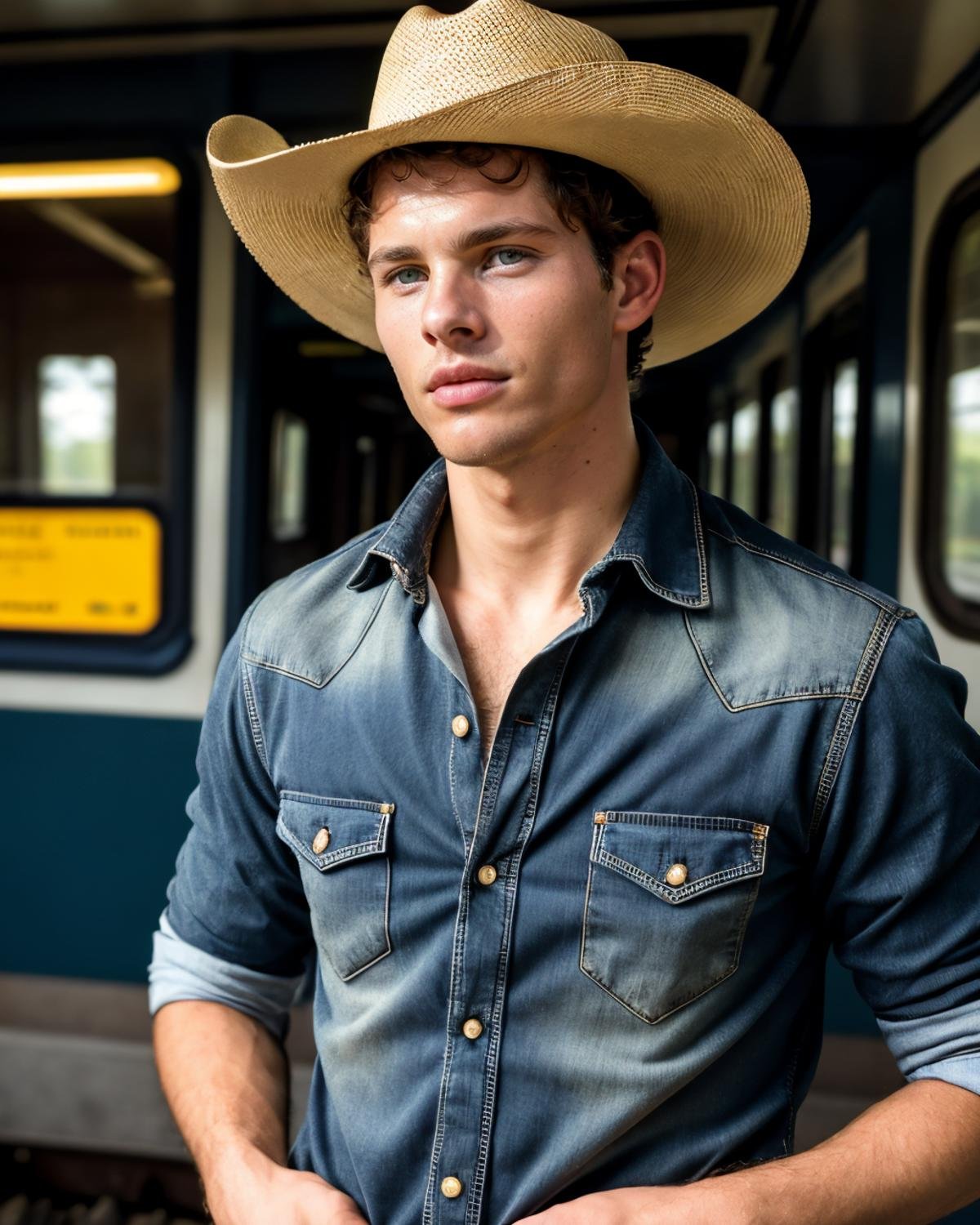 A  raw editorial photograph of jmarsden <lora:jmarsden-v1:0.8>, wearing a cowboy hat, denim shirt, a train in the background