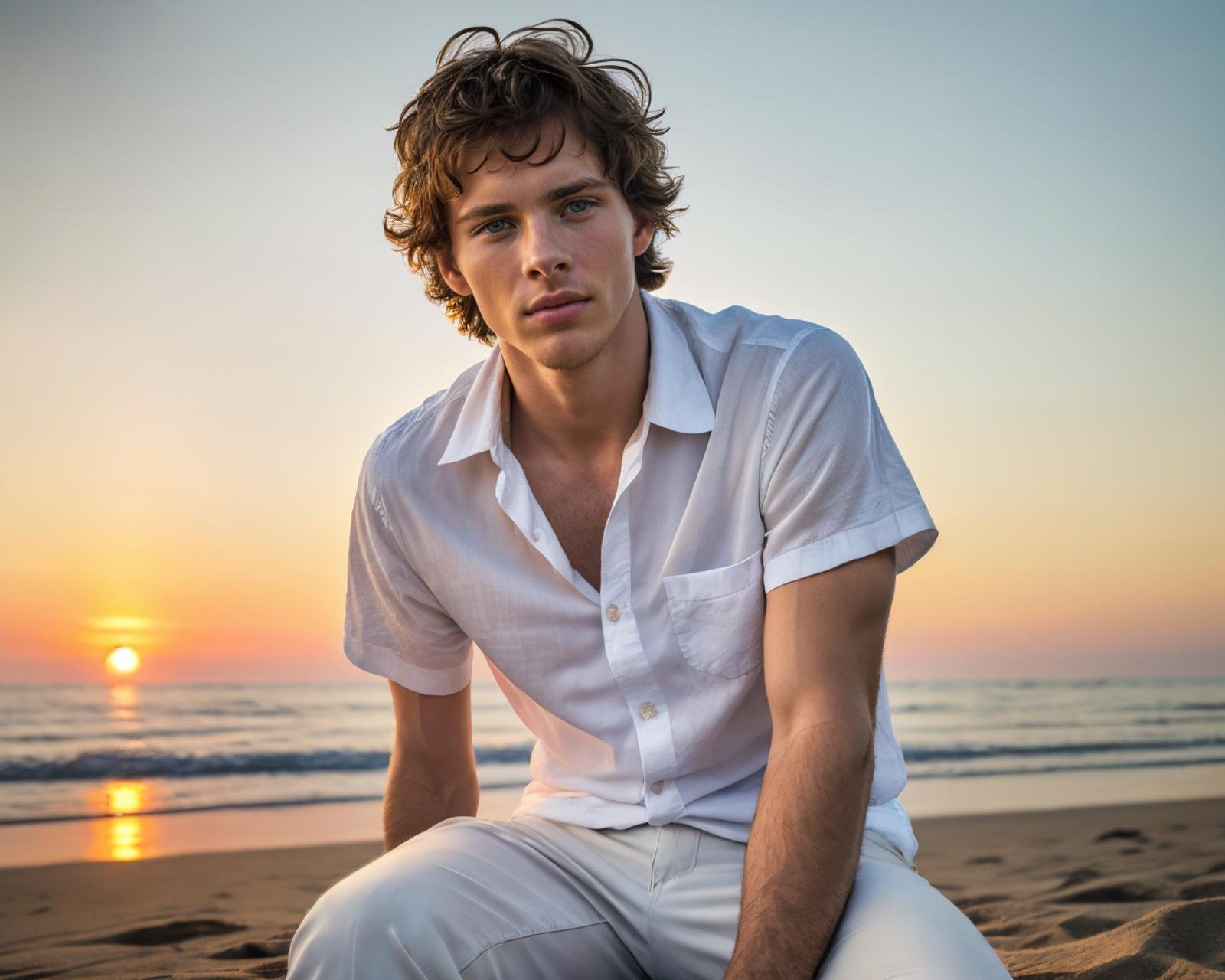 A  raw editorial photograph of jmarsden <lora:jmarsden-v1:0.8>, sit at the beach, close to the sea, looking at the sunset, white linen shirt, white pants