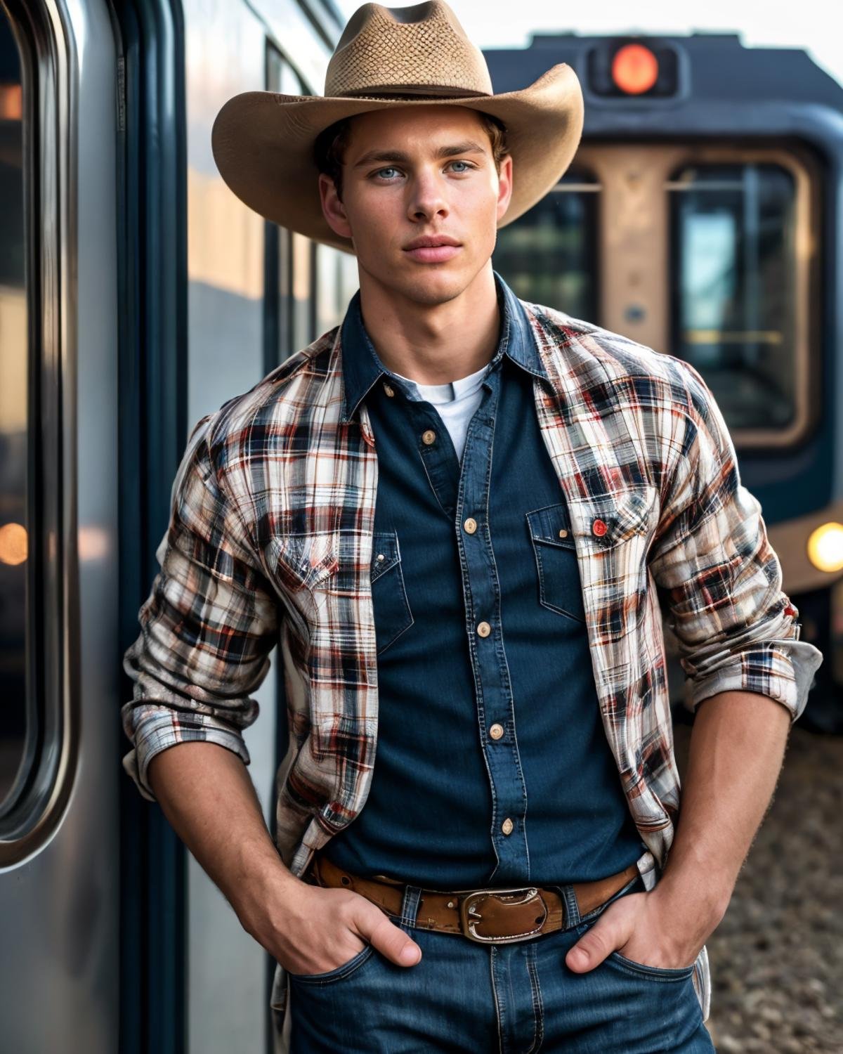 A  raw editorial photograph of jmarsden <lora:jmarsden-v1:0.8>, wearing a cowboy hat, denim shirt, a train in the background