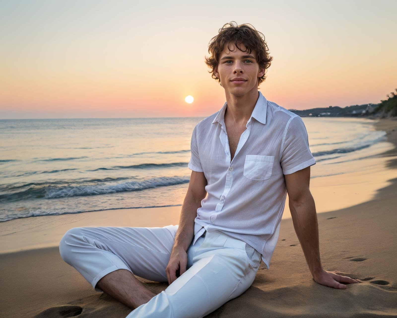 A  raw editorial photograph of jmarsden <lora:jmarsden-v1:0.8>, sit at the beach, close to the sea, looking at the sunset, white linen shirt, white pants