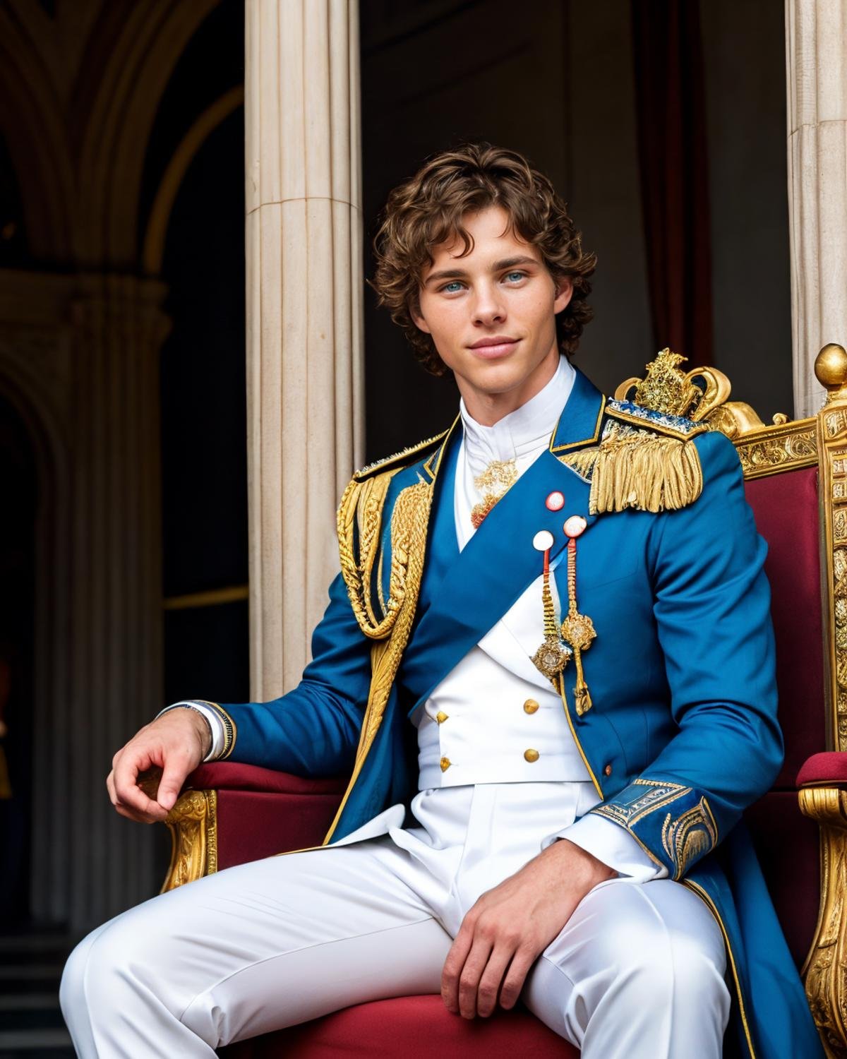 A  raw editorial photograph of jmarsden <lora:jmarsden-v1:0.8>,  blue jacket, royal prince outfit, white pants, sit on throne, royal hall