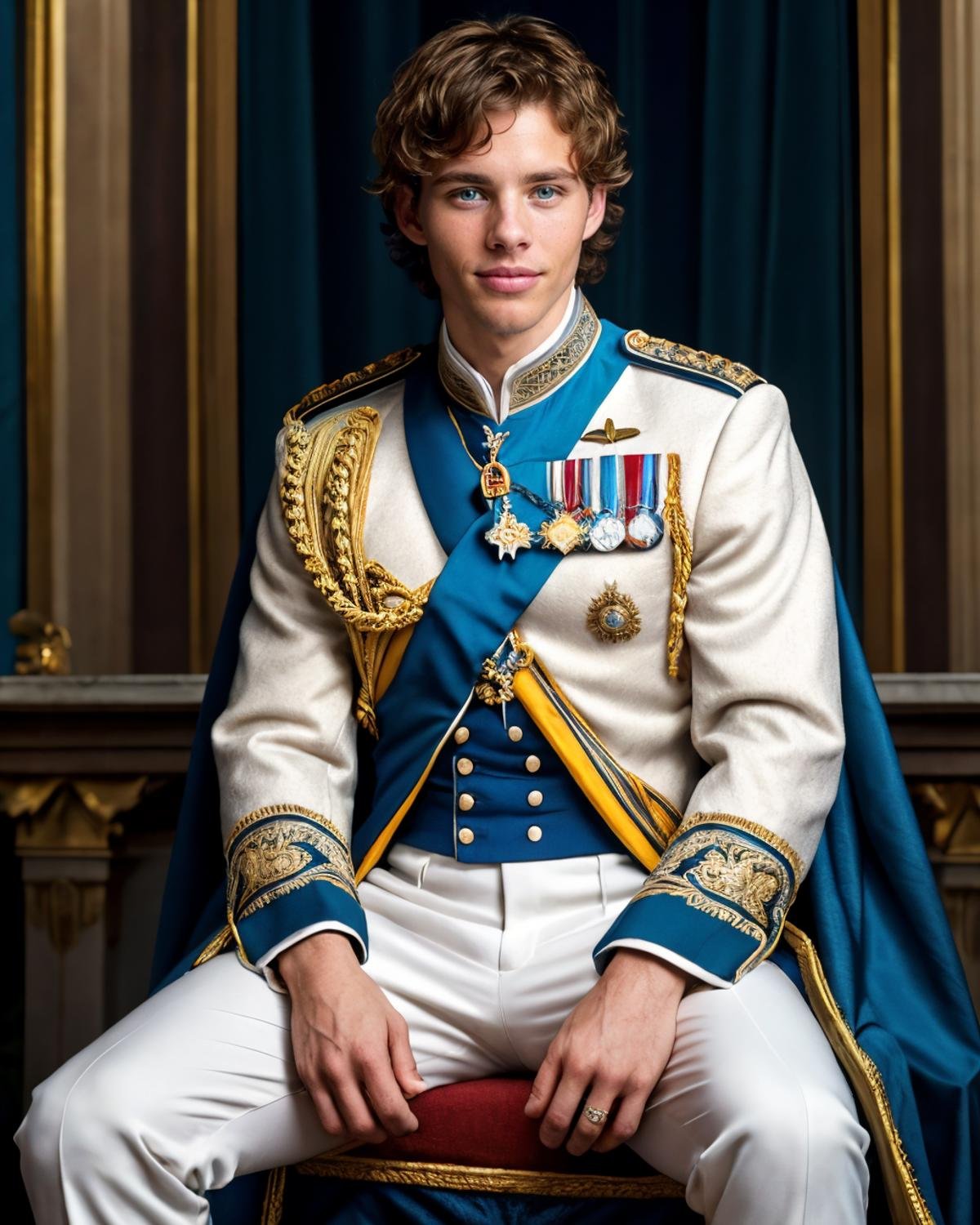 A  raw editorial photograph of jmarsden <lora:jmarsden-v1:0.8>,  blue jacket, royal prince outfit, white pants, sit on throne, royal hall