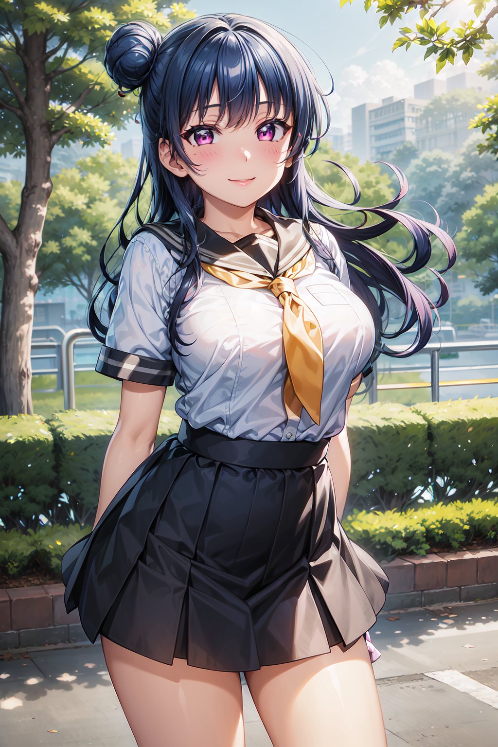 (masterpiece, best quality, ultra-detailed), (illustration), (beautiful detailed eyes), (1girl), (solo), Tsushima Yoshiko, purple eyes, blue hair, single hair bun, long hair, looking at viewer, light smile, outdoors, day, arms behind back, uranohoshi school uniform, school uniform, short sleeves, pleated skirt, white serafuku, neckerchief, grey skirt, grey sailor collar, tie clip, yellow neckerchief,