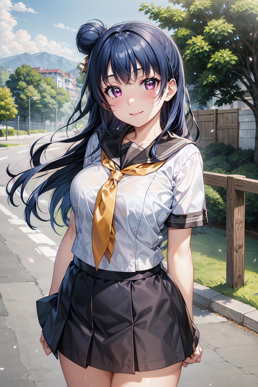 (masterpiece, best quality, ultra-detailed), (illustration), (beautiful detailed eyes), (1girl), (solo), Tsushima Yoshiko, purple eyes, blue hair, single hair bun, long hair, looking at viewer, light smile, outdoors, day, arms behind back, uranohoshi school uniform, school uniform, short sleeves, pleated skirt, white serafuku, neckerchief, grey skirt, grey sailor collar, tie clip, yellow neckerchief,