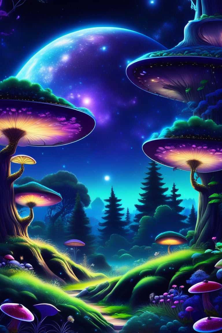 awod, outdoors, sky, tree, no humans, night, moon, star, nature, night sky, scenery, starry sky, fantasy, mushroom, planet